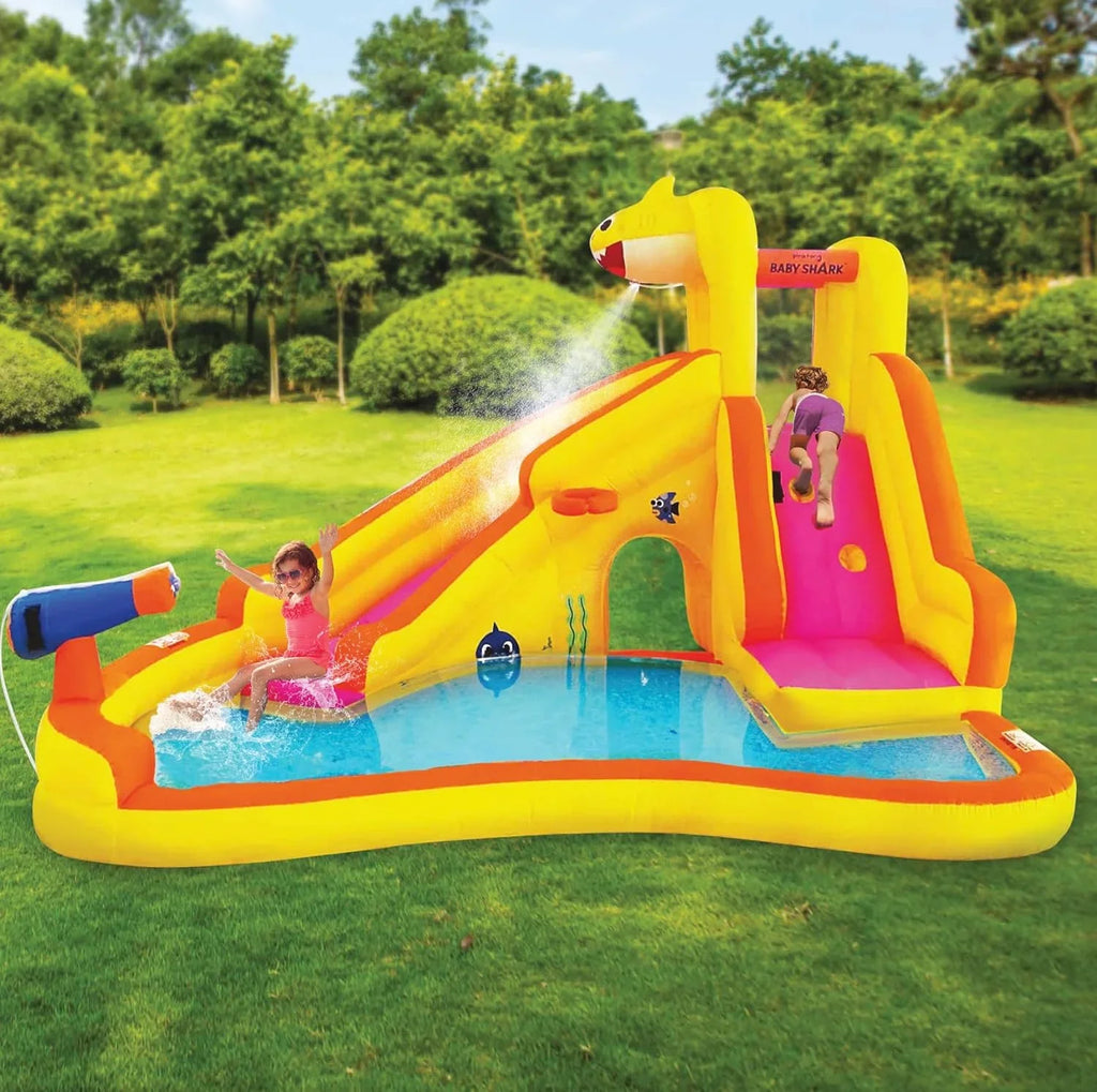 Pool Water Bounce Curve Blower & Water Kids with Outdoor Inflatable Baby Fun, House Waterslide Pink Dry, Slide, Wet Slide Backyard or Fong Water Funormous Shark Park, Sprayer, Includes Party