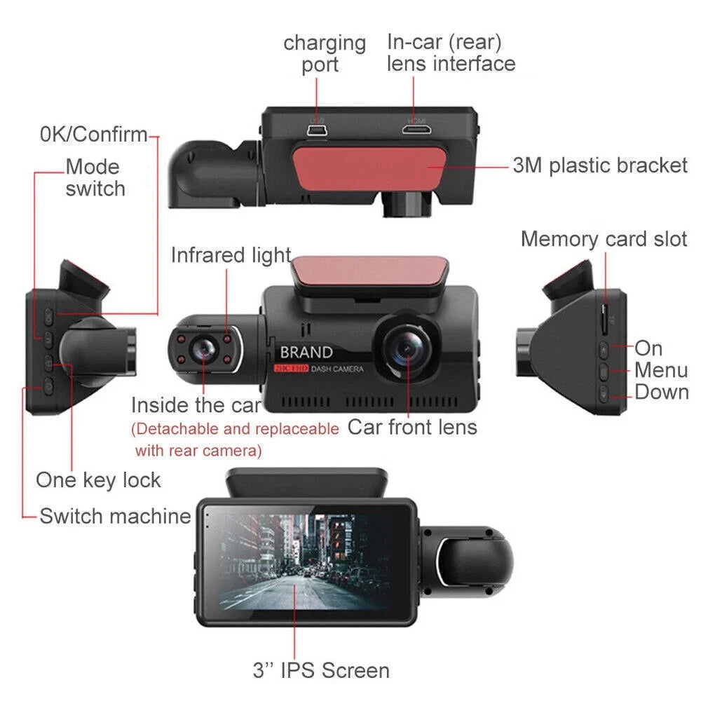 Auto Dual 1080P Lens And And Camera Cameras Rear Vehicle DashCam DVR 3 With Cam Car Night Front WIFI Interior GPS Dash
