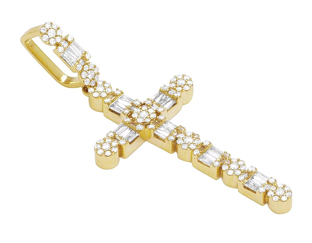 Cross 2" Real Baguette Diamond Unisex Cluster 1.2CT Flower 10K Gold Yellow