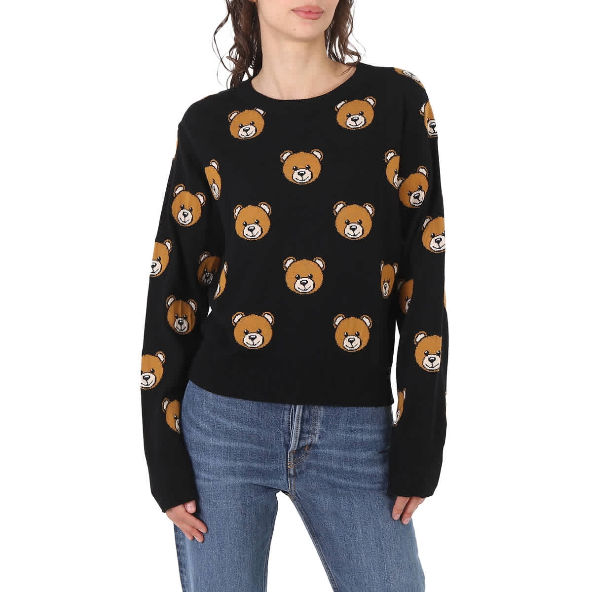 (US Teddy Jumper, Fantasia Moschino 38 Ladies Bear-Print Size Size Brand 4) Wool Black
