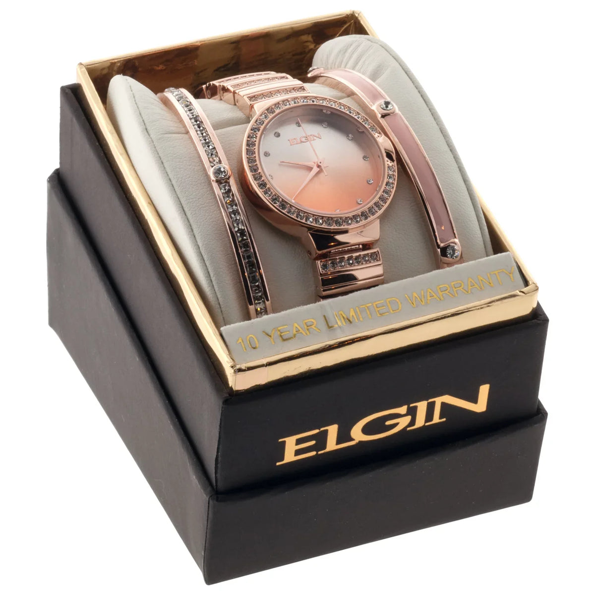 3pc Elgin Watch Rose Female Analog Gold in Bracelet (EG160012RGST) and Set Adult