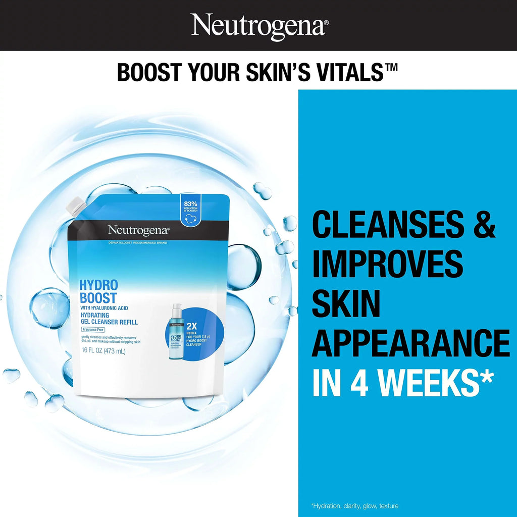 Face Cleanser Hydrating Remover, Wash, Hydro Face Non-Comedogenic, Pouch, Daily Foaming Gentle Hyaluronic Neutrogena & Wash Refill Makeup Boost Gel Fl. Facial With Oz Acid, Free Fragrance 16