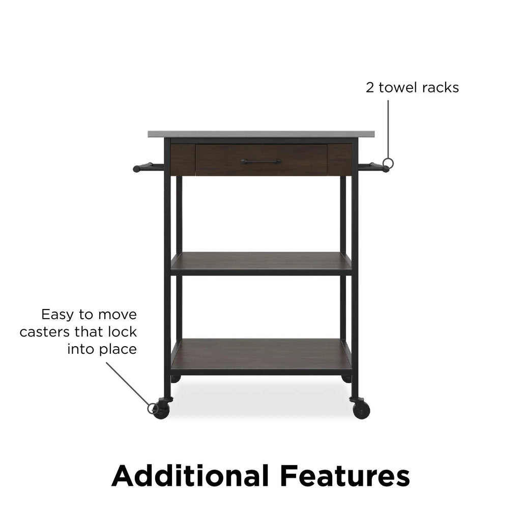 Brown Metal Counter Kitchen Black Storage, Stainless Pantry Cart, Top, Frame, DHP Steel Kane