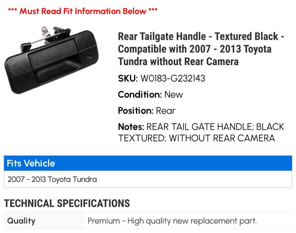 with Rear Handle 2009 Tundra - 2013 without Textured Black - 2008 2012 Toyota Compatible 2010 Tailgate Rear Camera 2011 2007 -