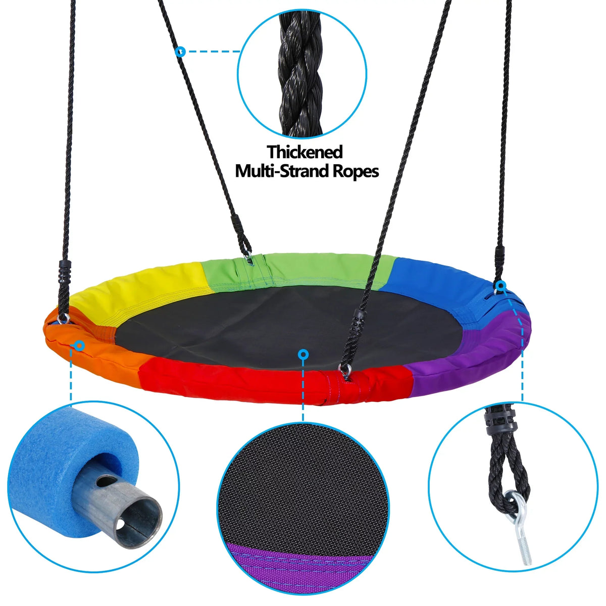 Rainbow Ropes Tree Rotate°, 360 Saucer Set UV 70’’ Outdoor Web Multi-Color Adjustable Steel 700lb 40" Kids Waterproof, - ZenSports Protection, Frame, Swing