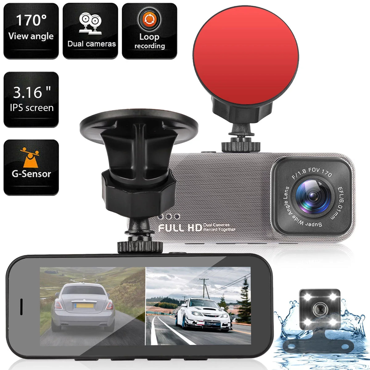 170° 1080P Dual Dual Cam, Detection, Dash and G-Sensor, Camera Dash for 3.16inch Rear Wide Front Black Cars, Camera Angle WDR, Recorder Motion with Monitoring, Display, Dashboard TSV Parking