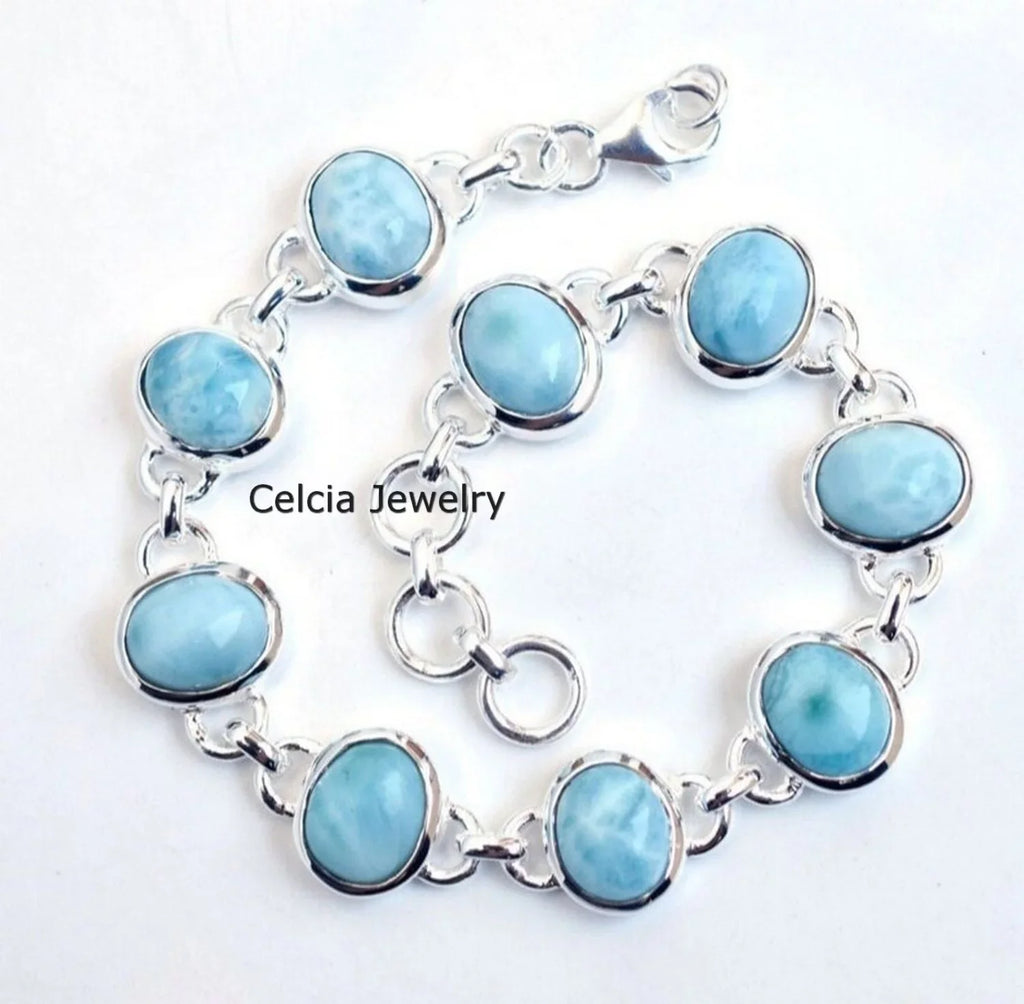 Oval Multiple Women, Solid Larimar For Sterling Handcrafted 925 Blue Bracelet For Her Genuine Him Men Silver Gemstone Unique Bracelet