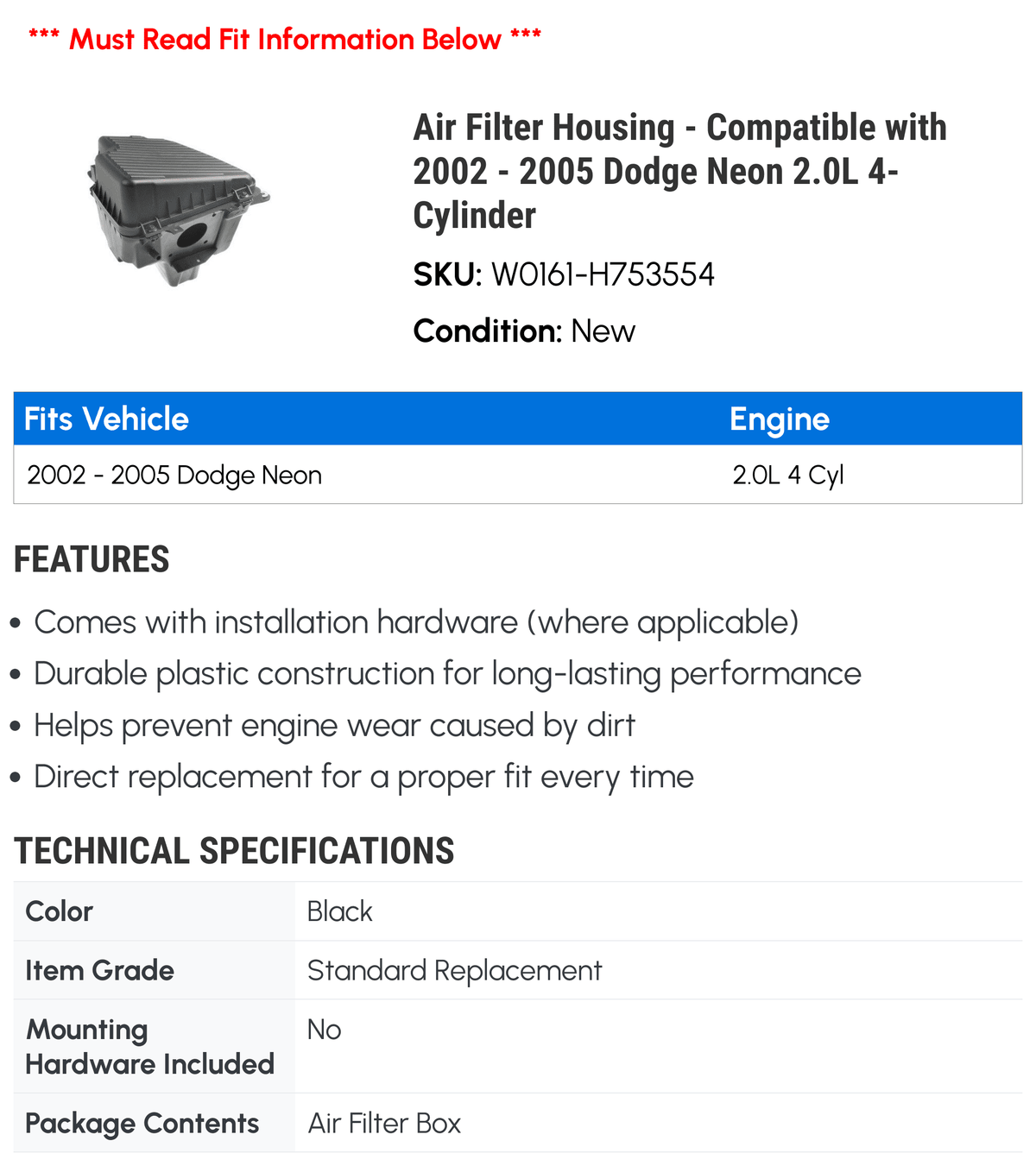 4-Cylinder 2002 2004 with Neon - Filter - Housing Air Compatible 2005 2.0L Dodge 2003