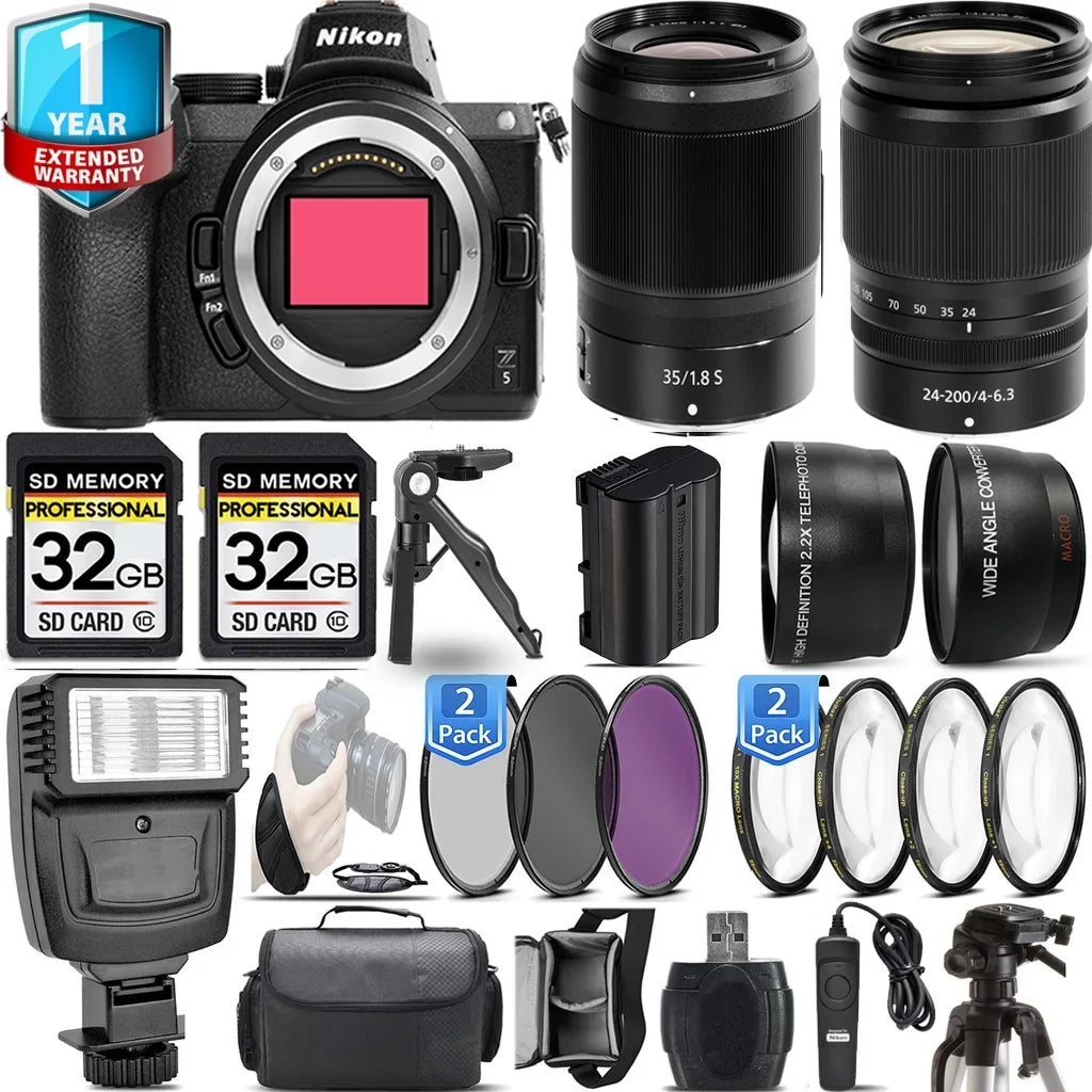 Kit Camera + Nikon S Z5 24-200mm Lens Flash f/4-6.3 with 35mm + f/1.8 Lens VR Mirrorless 64GB +