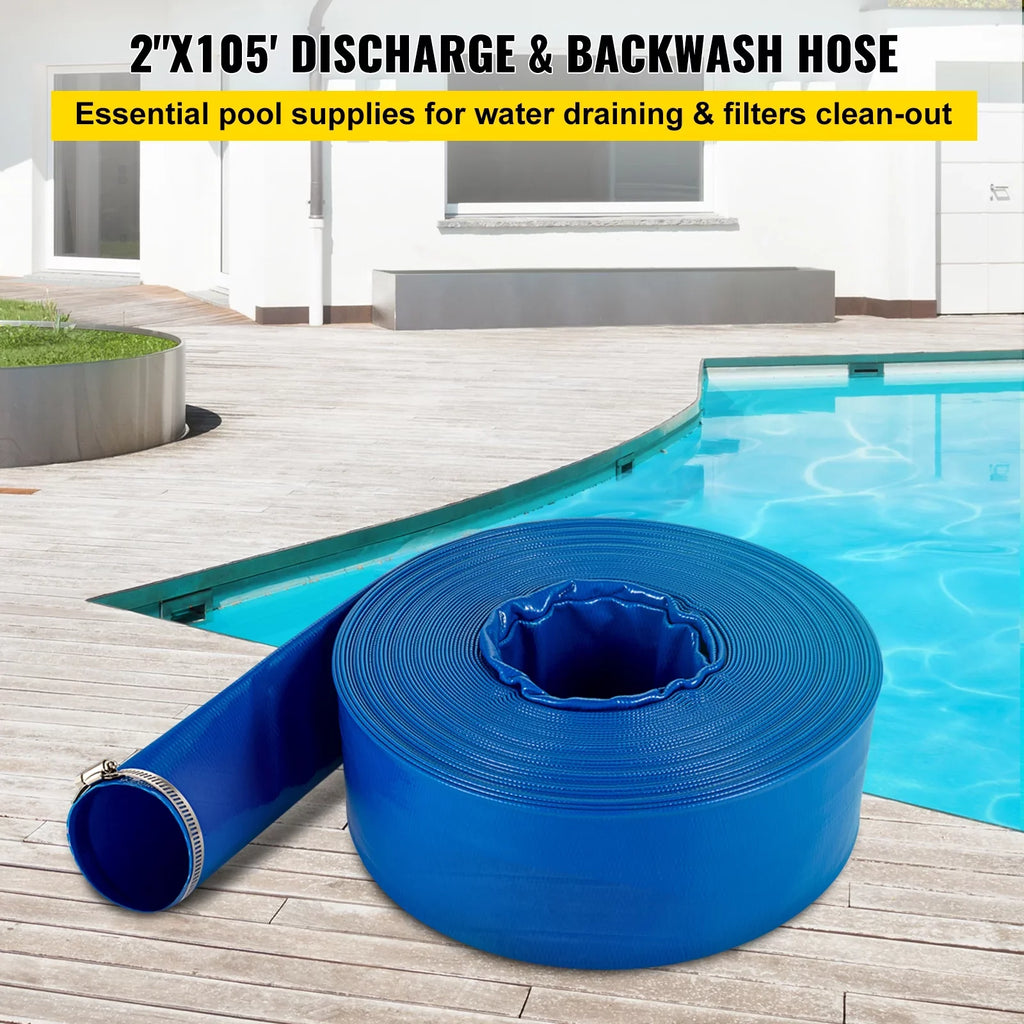 Ideal Blue Pool for Swimming x & Hose, Duty Backwash Transfer, Lay Discharge 105', with BENTISM Hose Weather-proof Fabric & Hose, Drain Water Flat 2" Burst-proof, Clamps, Heavy PVC