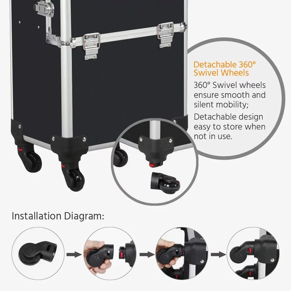 Large Train Makeup Capacity Cosmetic Case Case Case Aluminum Professional 3-in-1 Makeup Travel Trolley