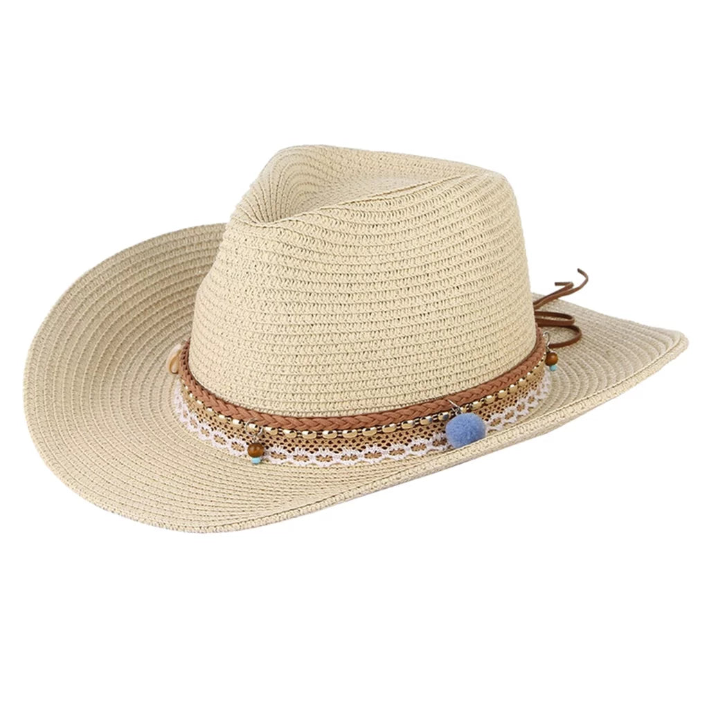 Sun Hat Western Cowboy Packable Women Brim Trilby Straw Beige Style Floppy Big