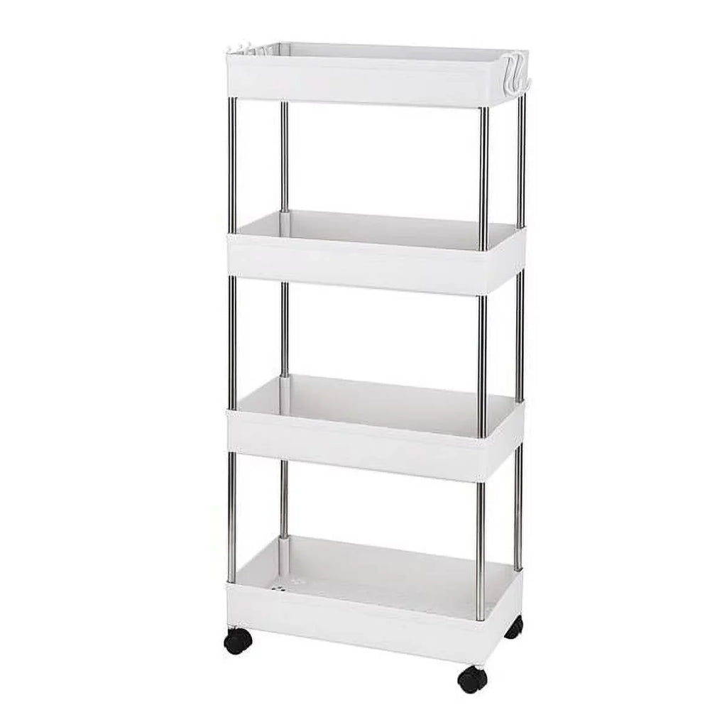 Utility Wheels, Stainless 4-Tier Kitchen, Bathroom, and with Steel, SYTHERS Cart White 4 Cart Rolling for Laundry Plastic with Room, hooks, Storage