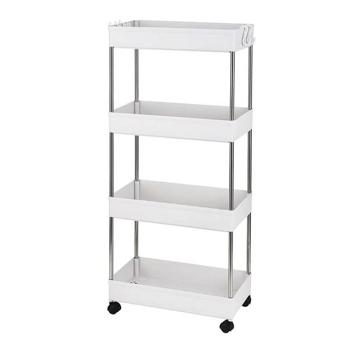 Utility Wheels, Stainless 4-Tier Kitchen, Bathroom, and with Steel, SYTHERS Cart White 4 Cart Rolling for Laundry Plastic with Room, hooks, Storage