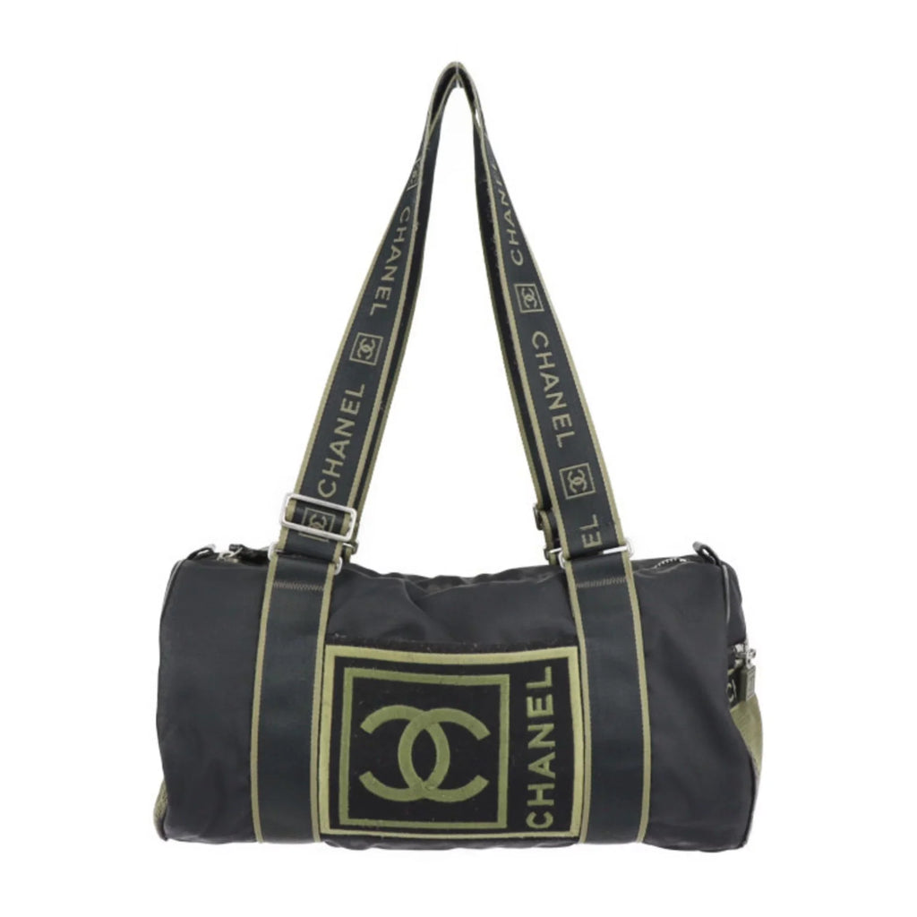 Pre-Owned Travel Green Round 10 (Fair) Sport Black Khaki Line Cylindrical Cocomark Chanel Bag CHANEL Nylon Series Shoulder Boston Canvas