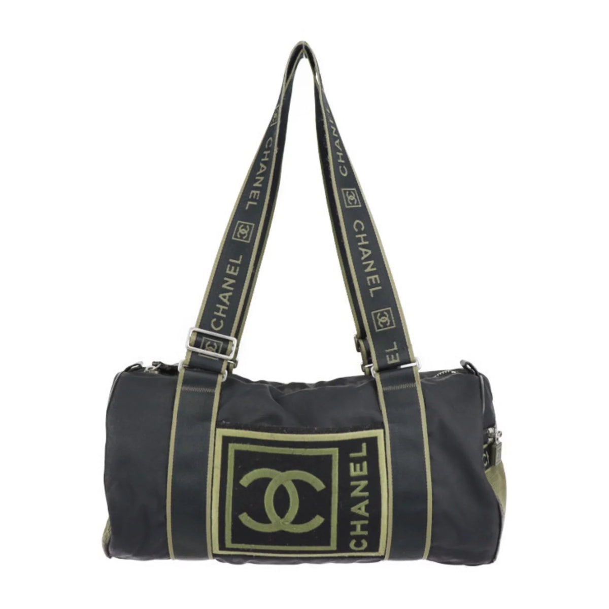 Pre-Owned Travel Green Round 10 (Fair) Sport Black Khaki Line Cylindrical Cocomark Chanel Bag CHANEL Nylon Series Shoulder Boston Canvas