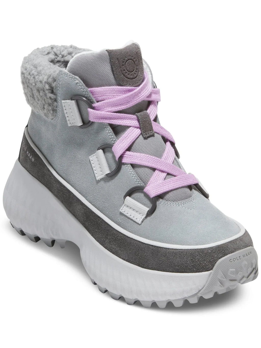 Waterproof Womens Gray Hiking Round Wedge Boots COLE Leather B Cuff Faux Toe Flurry Zerogrand Shearling 5 Lace-Up Cushioned HAAN