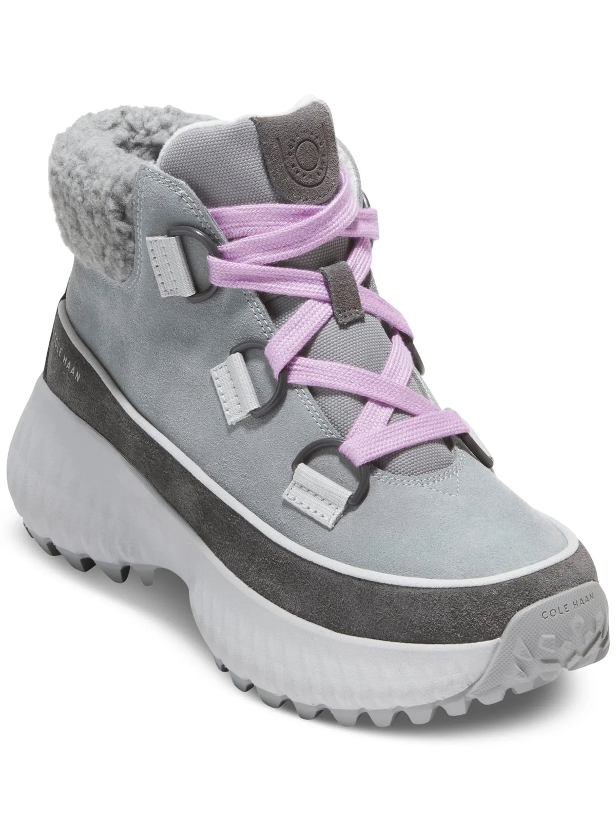 Waterproof Womens Gray Hiking Round Wedge Boots COLE Leather B Cuff Faux Toe Flurry Zerogrand Shearling 5 Lace-Up Cushioned HAAN