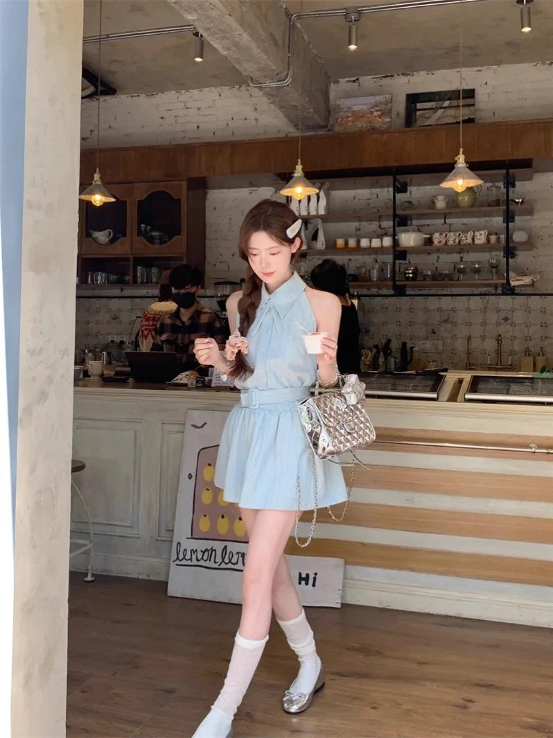 Dress [In Oni Deeeefuu Pei Sleeveless Dress Man Stock]] Tie Short S Pei Mambo Han Waisted Mint Halter Women Neck Dresses Commuter