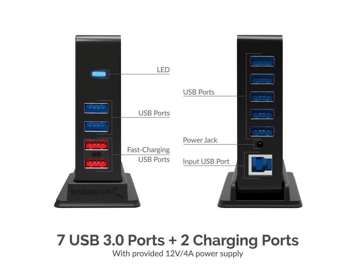 12V/4A Charging Power with [Black] HUB USB 2 3.0 Port 7 (HB-U930) + SABRENT Ports Adapter
