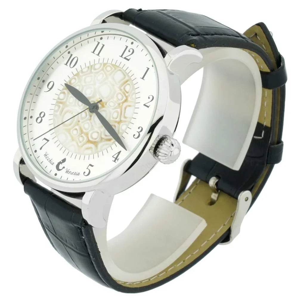 Watch Leather Band - Millefiori GlassOfVenice and Murano White Men's Black Glass With