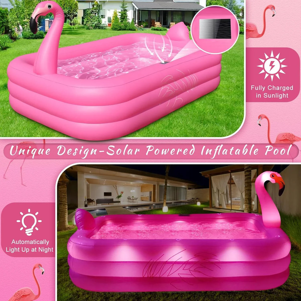 Pool up for Family Inflatable Backyard,Outdoor Blow Large Pool Inflatable Swimming Flamingo Kids,Adults with Pool Pool, 105"x65"x25" Lights, Solar Kiddie Durable Inflatable 2024 Thickened for Pool,