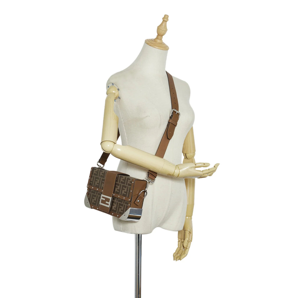 Fendi Coated Baguette (Good) Brown Unisex Fabric Crossbody Trunk Authenticated Zucca Canvas Pre-Owned Bag