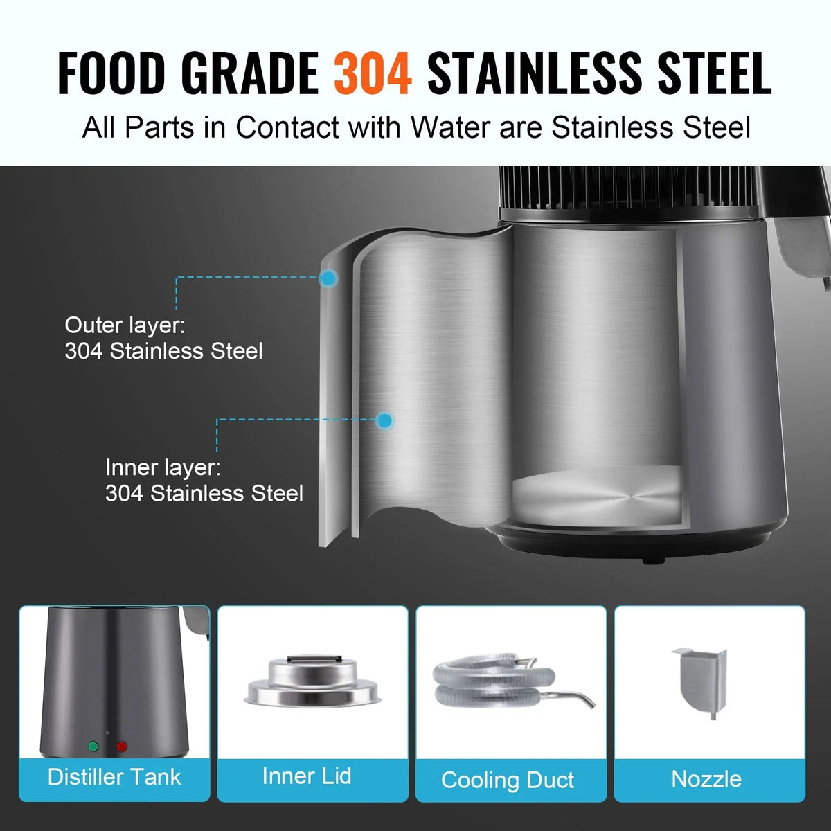 Steel Purifier Water Machine SKYSHALO Distiller 4L Countertop Interior Stainless