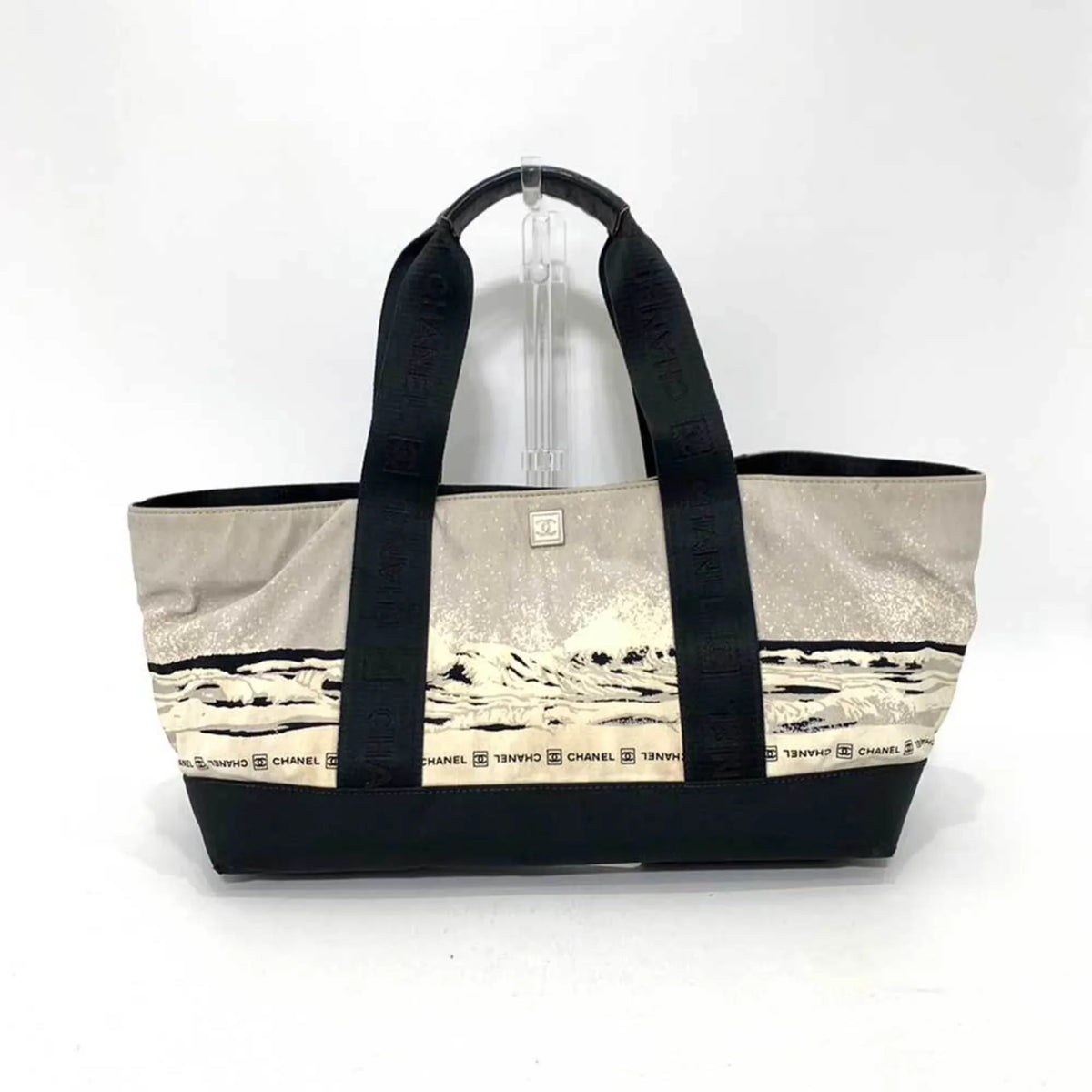 CHANEL Handbag Gray Pattern Line Tote Summer Canvas Bag Nylon High Horizontal Ladies Black x Pre-Owned Sports (Fair) Men's Wave