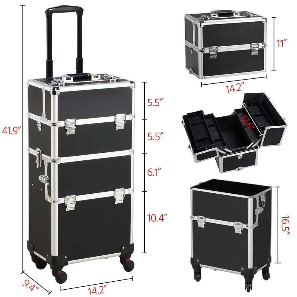 Large Train Makeup Capacity Cosmetic Case Case Case Aluminum Professional 3-in-1 Makeup Travel Trolley
