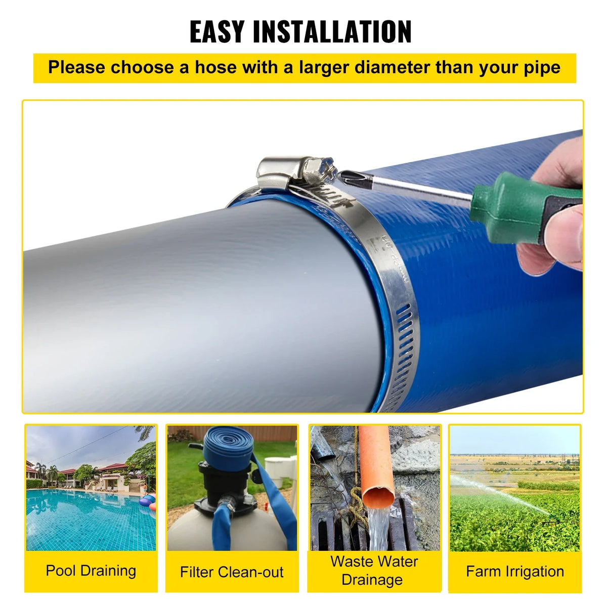 Ideal Burst-proof, BENTISM & Discharge Weather-proof PVC with & Fabric Lay Drain Heavy Clamps, Hose Hose, Water Transfer for Flat Backwash Duty Swimming 3" x 105', Pool Hose,