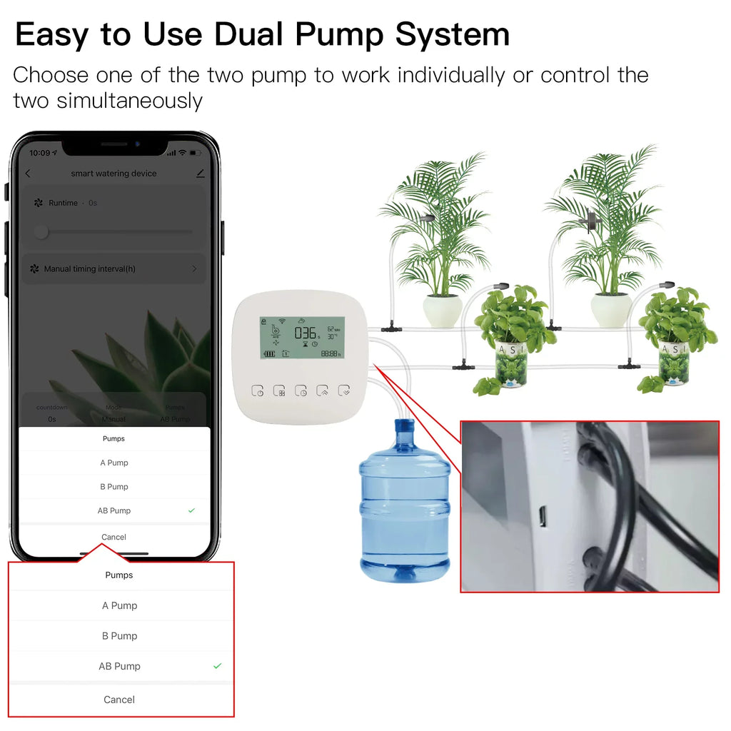 Watering Smart Programmable Watering WiFi/ Device Pump with System Battery Manual Arealer Built-in System Charging for Watering Compatible Home Voice/ Solar Dual USB Control Panel/ Automatic Time