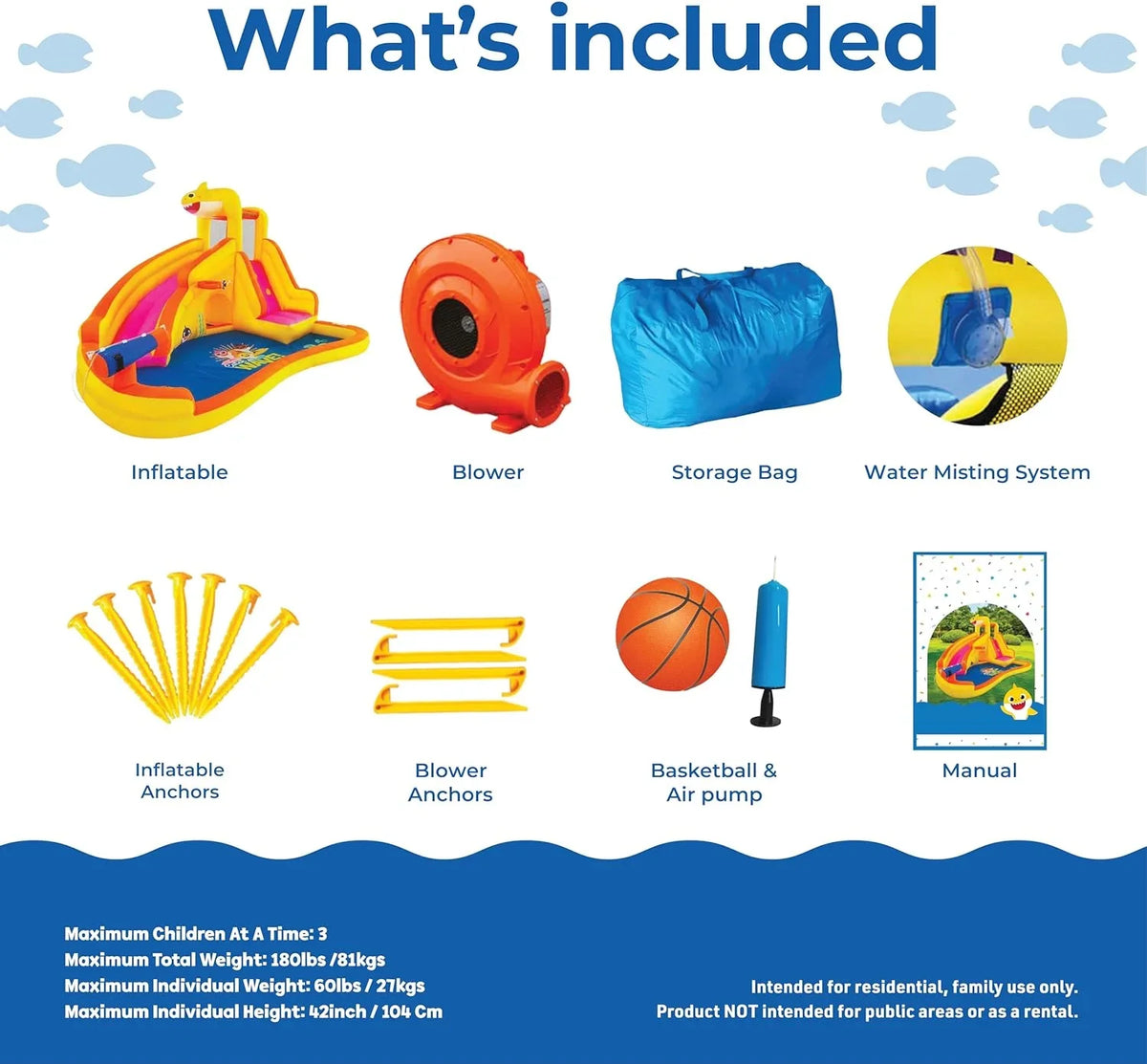 Pool Water Bounce Curve Blower & Water Kids with Outdoor Inflatable Baby Fun, House Waterslide Pink Dry, Slide, Wet Slide Backyard or Fong Water Funormous Shark Park, Sprayer, Includes Party