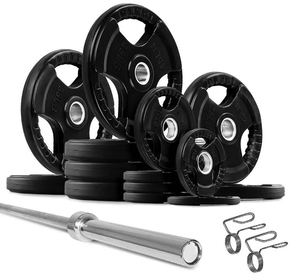 Weight (New) Set Grip Plate 395 French ft Bar w/7 Rubber lbs Fitness Olympic