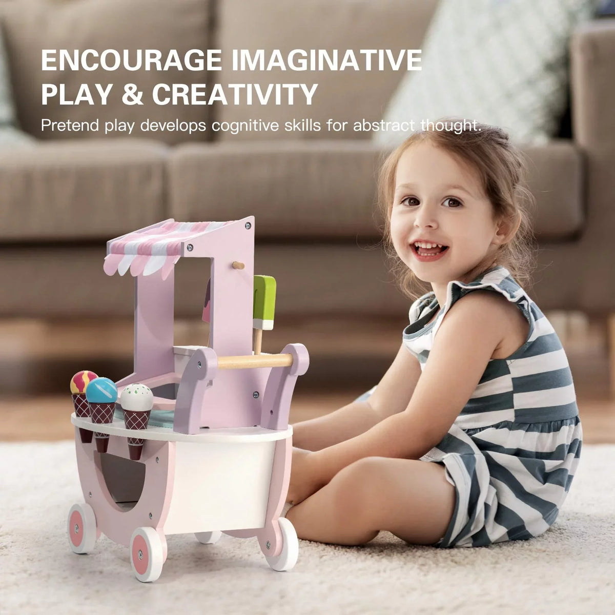 Toys Wooden Play Kids, Toddlers Boys 3 for and Truck, Gift Up Cream Girls Cart Pretend for Food ROBUD & Ice Years