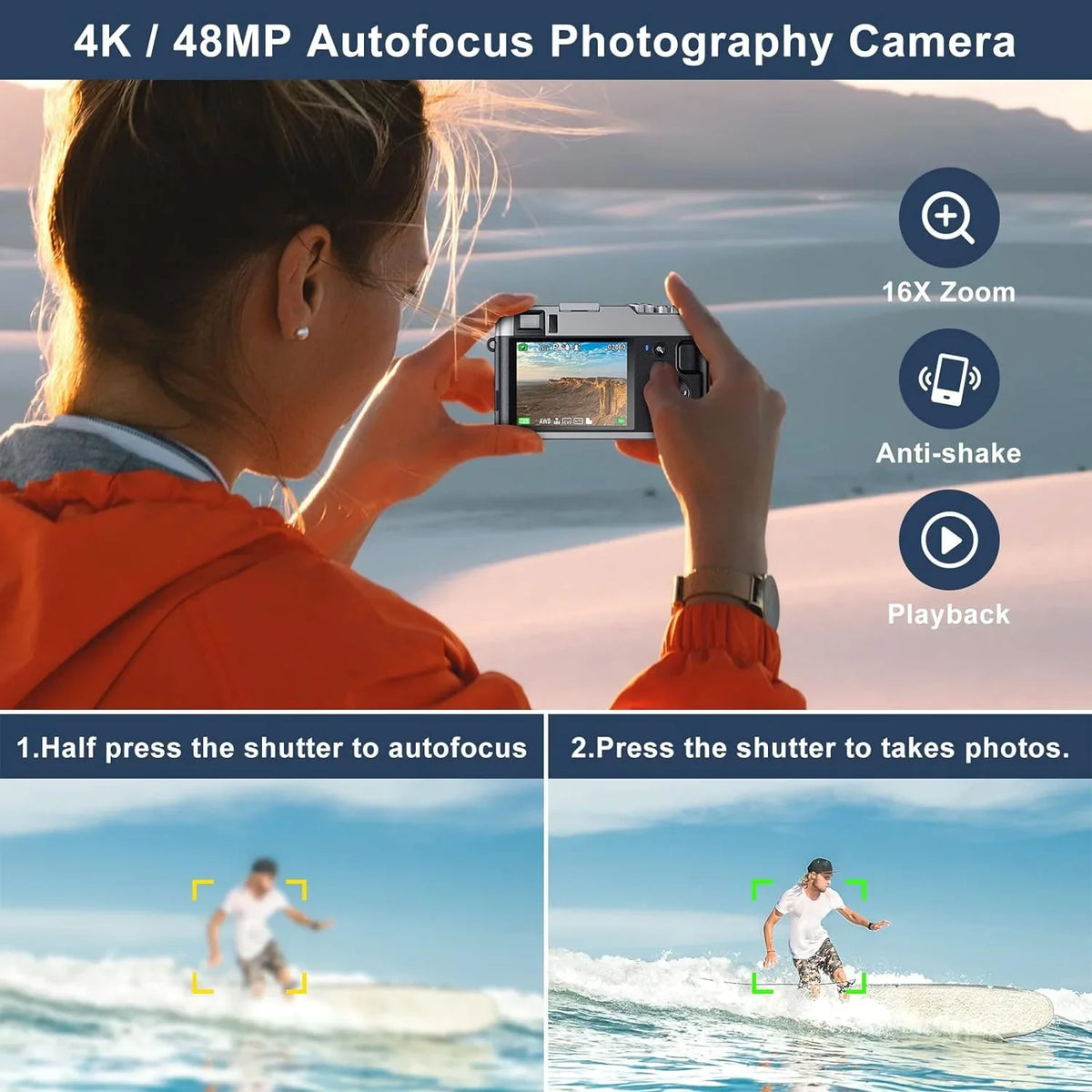 YouTube for Camera Camera with Video 4K 16X 32GB Card Autofocus for SD 4K 48MP Vlogging Photography Digital Zoom Digital Camera
