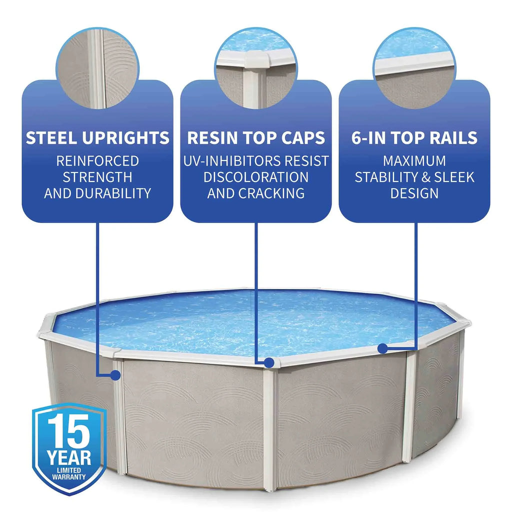 Deep Wall Round Metal Top Swimming 6-in Pool Package 27-ft Belize 52-in Rail