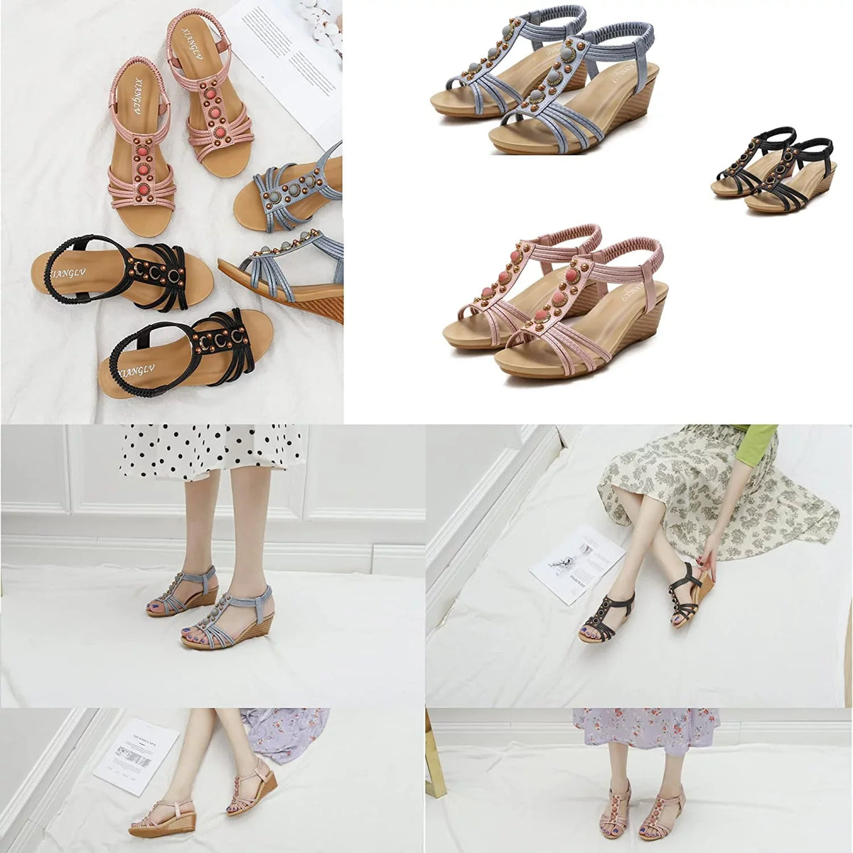 Shoes Beaded Sandal Rhinestone Bohemia Flat T-Strap Sandals Women's Beach Summer
