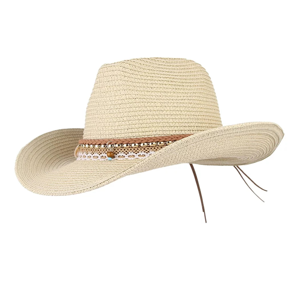 Sun Hat Western Cowboy Packable Women Brim Trilby Straw Beige Style Floppy Big