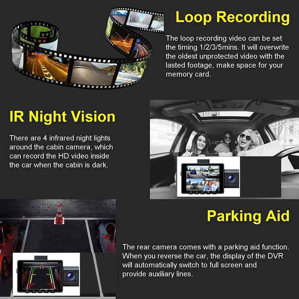 4K 4K+1080P Dash and Vision, Angle, Triple 170°Wide WDR, Night Cam Monitor with Dash Front and 3 Inside, Front Rear IR Car Camera Parking 2K+1080P+1080P Inside, Channel Camera