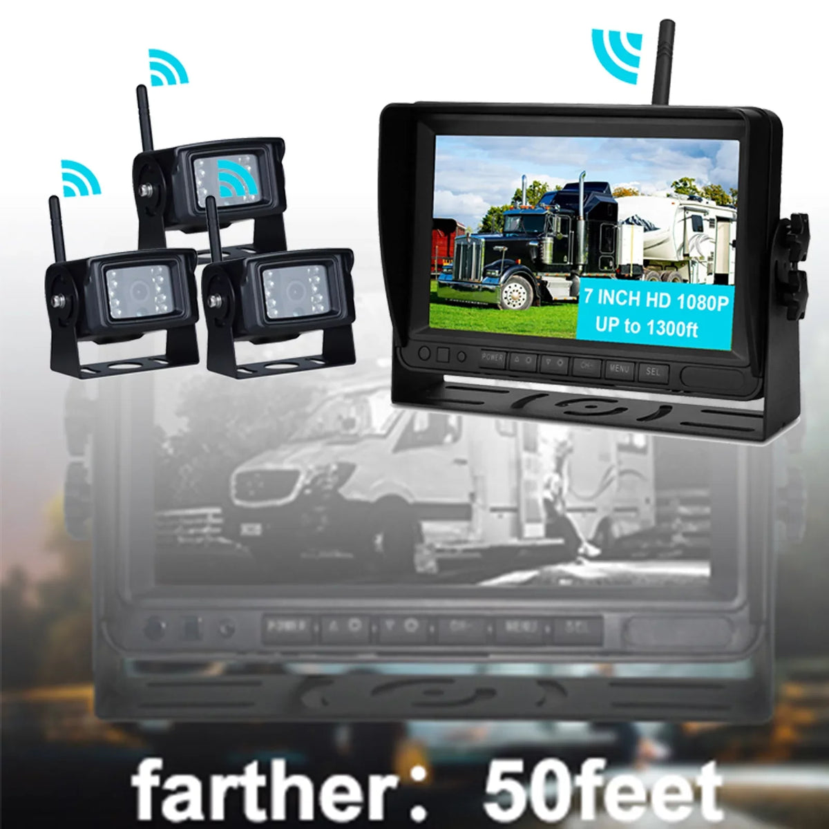 for 1080P Truck 7" Wireless AHD Camera Display Kit Rear Backup 3CH Trailer View