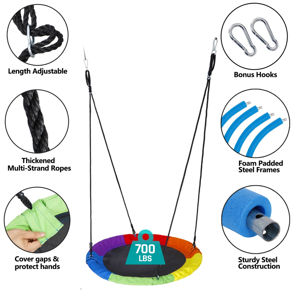 Rainbow Ropes Tree Rotate°, 360 Saucer Set UV 70’’ Outdoor Web Multi-Color Adjustable Steel 700lb 40" Kids Waterproof, - ZenSports Protection, Frame, Swing