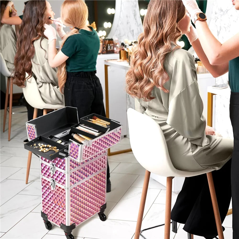 Topeakmart Train Large Trolley 3-in-1 Storage, Pink Case Cosmetic Makeup Rolling with