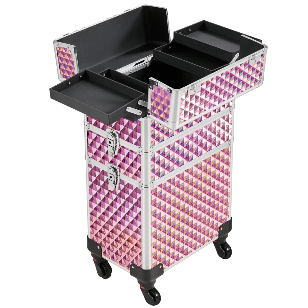 Topeakmart Train Large Trolley 3-in-1 Storage, Pink Case Cosmetic Makeup Rolling with