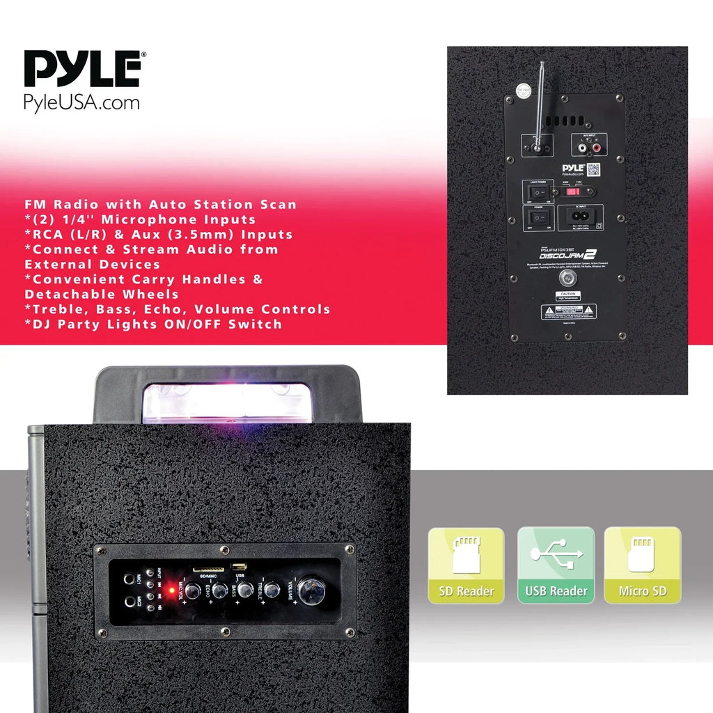 System Bluetooth Portable Party with PSUFM1043BT Flashing Speaker Lights Pyle