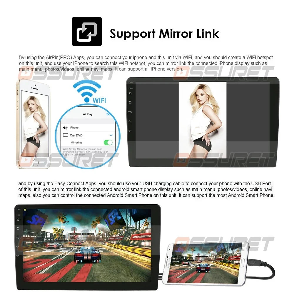 Wifi Car Android Stereo Screen Hizpo Apple Carplay& Radio 10.1'' Navigation With Auto Touch 10 GPS DIN Single 1 Bluetooth Android Rotatable