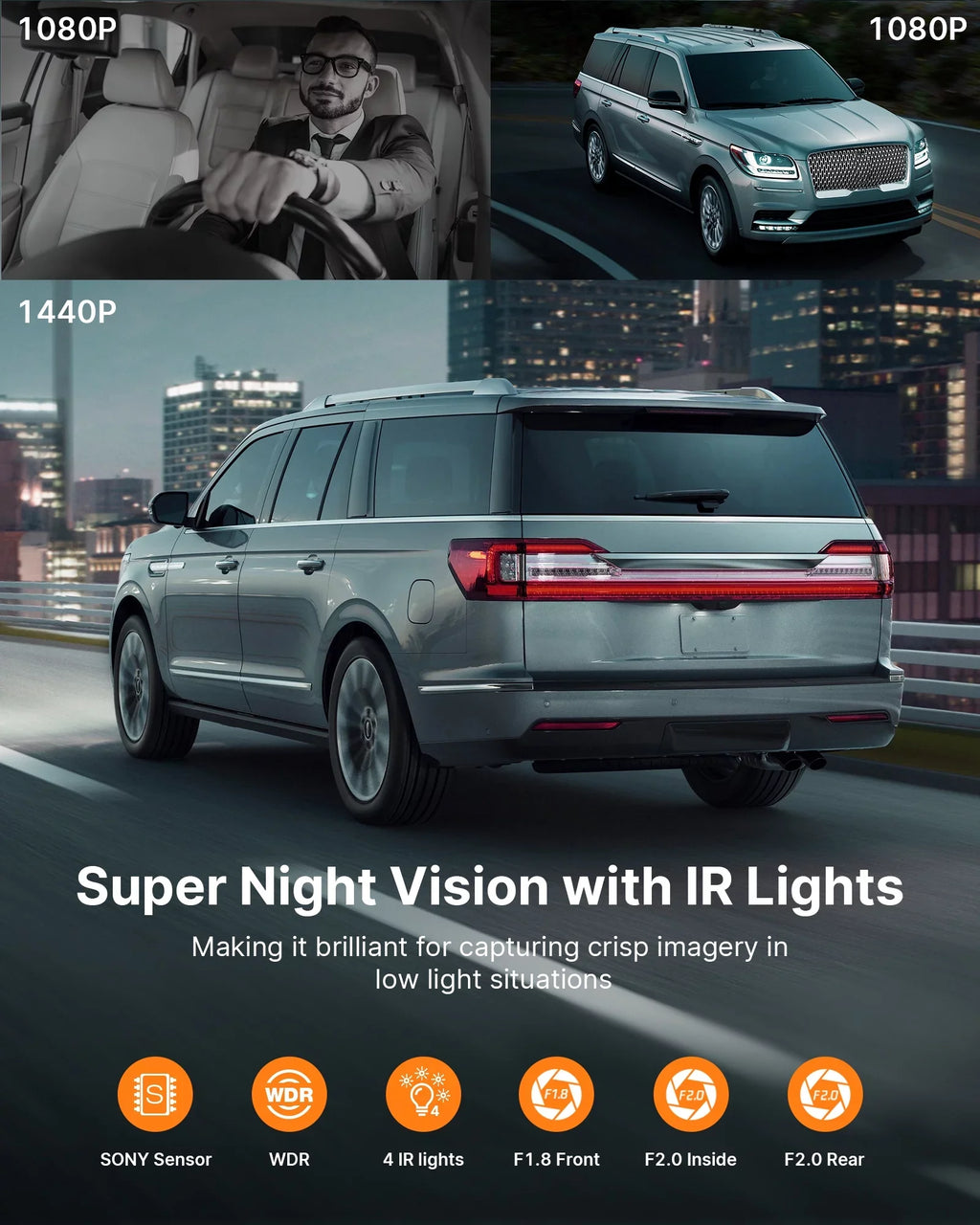 4K 4K+1080P Dash and Vision, Angle, Triple 170°Wide WDR, Night Cam Monitor with Dash Front and 3 Inside, Front Rear IR Car Camera Parking 2K+1080P+1080P Inside, Channel Camera