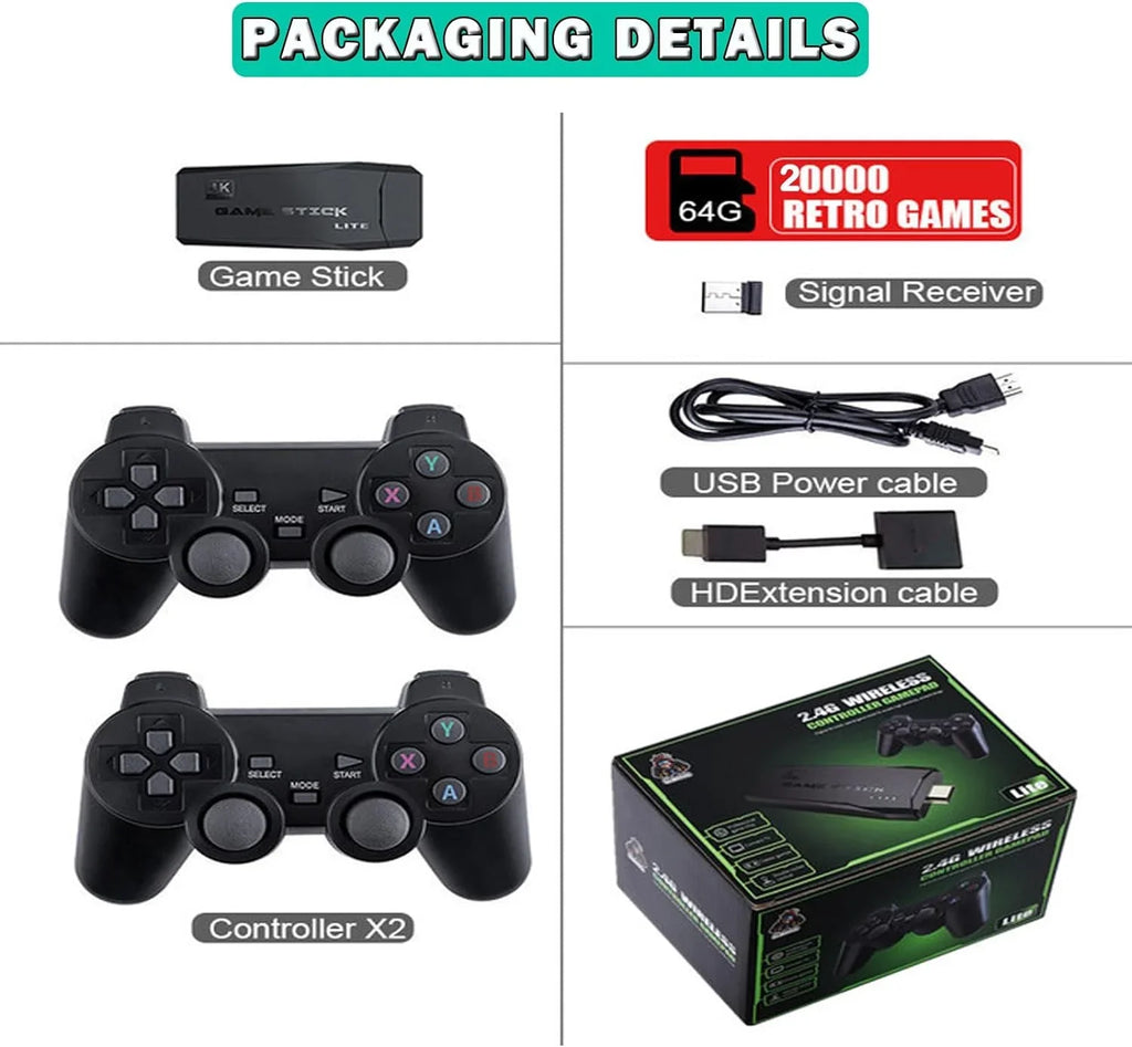 Retro 20,000+ Controller(64G) Retro and and Output, Game Game Wireless 4K Plug Video HD Game, Play Console, Built-in Nostalgia Games, 2.4GHz Stick