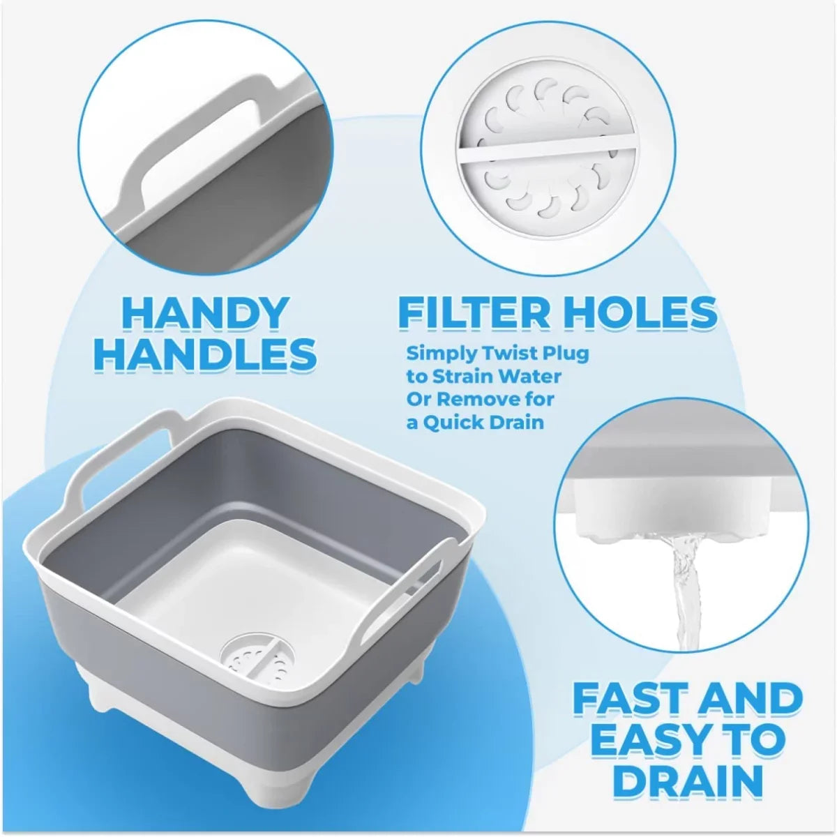 Plug(Gray) Tub,Washing Portable Draining with Tub 2.4 Sink,Folding Imoment Gal(9L) Basin Dish Laundry Collapsible