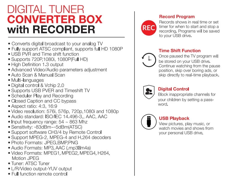 Converter ATSC viewing and TV Channel providing Tuner 1080P Output, HDMI Live HDTV, Setting, Box to Functionality, Digital Analog Access Recording TV TV Playback, Digital for Free with Digital Timer &